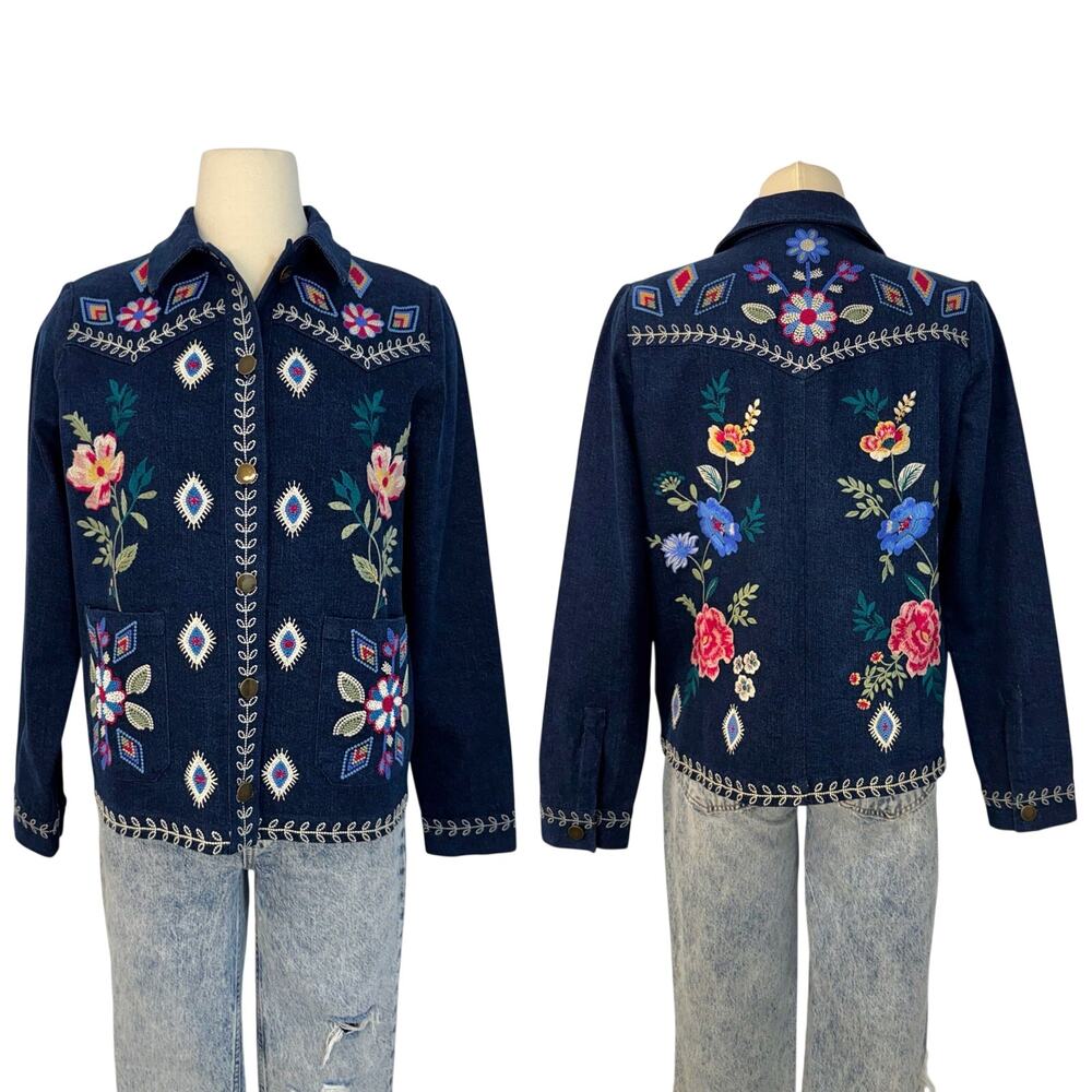 Johnny Was Embroidered Western Worker Denim Jean Jacket Floral Geometric S